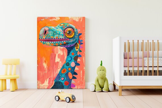 Cute Dinosaur Wall Print Teen Kid Bedroom Wall Art Decor Lovely Gift Idea Vibrant Animal Painting Orange Blue Color Palette