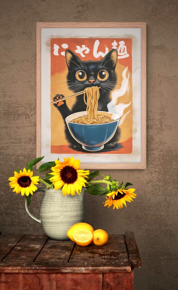 Cute Black Cat Eating Ramen With Chopsticks Retro Japanese Pop Art Poster