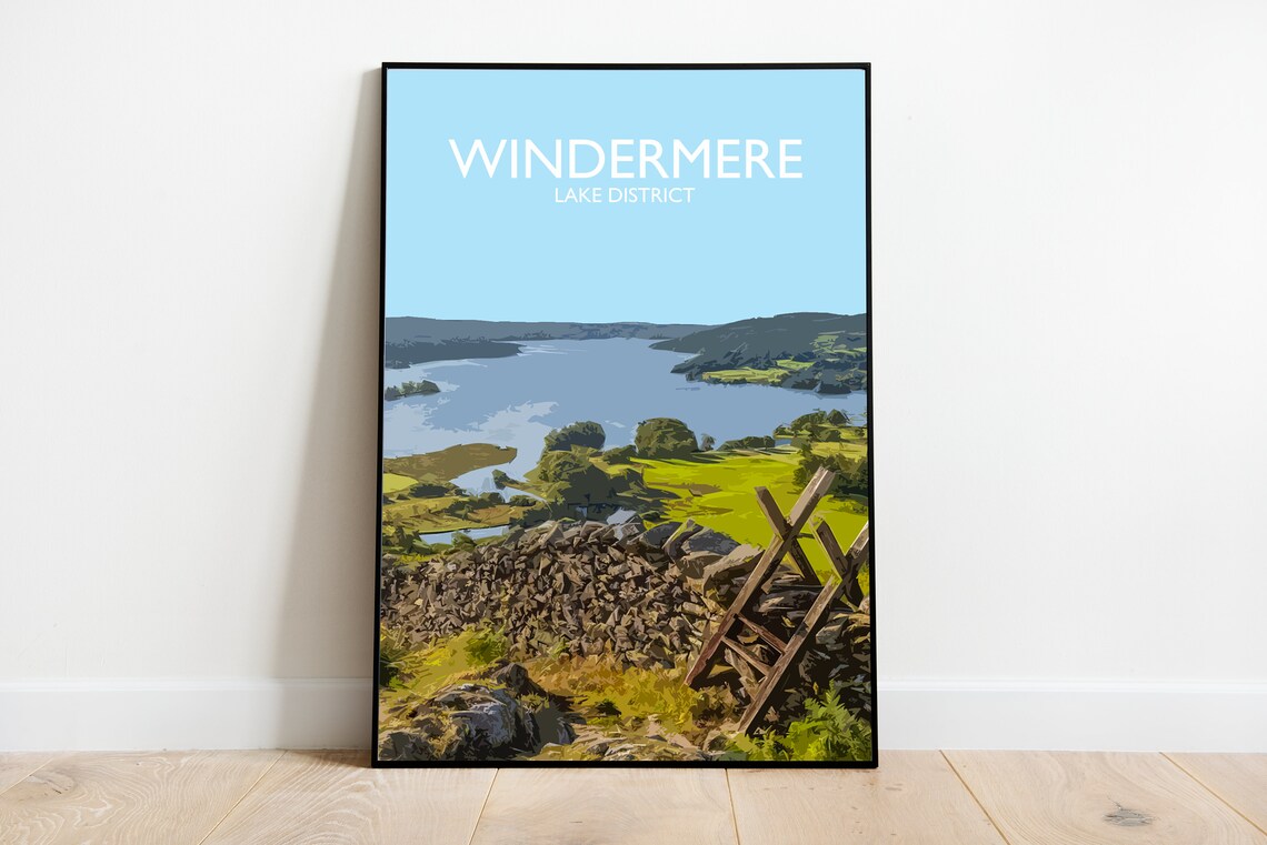 Windermere UK Travel Poster, Lake District Hiking