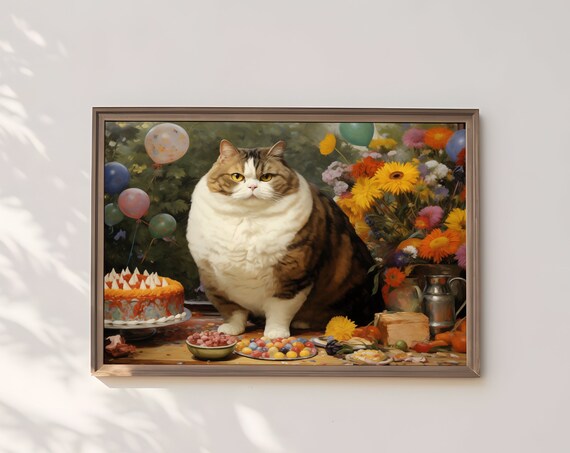 Chubby Party Cat With Birthday Cake Balloons Festive Wall Art