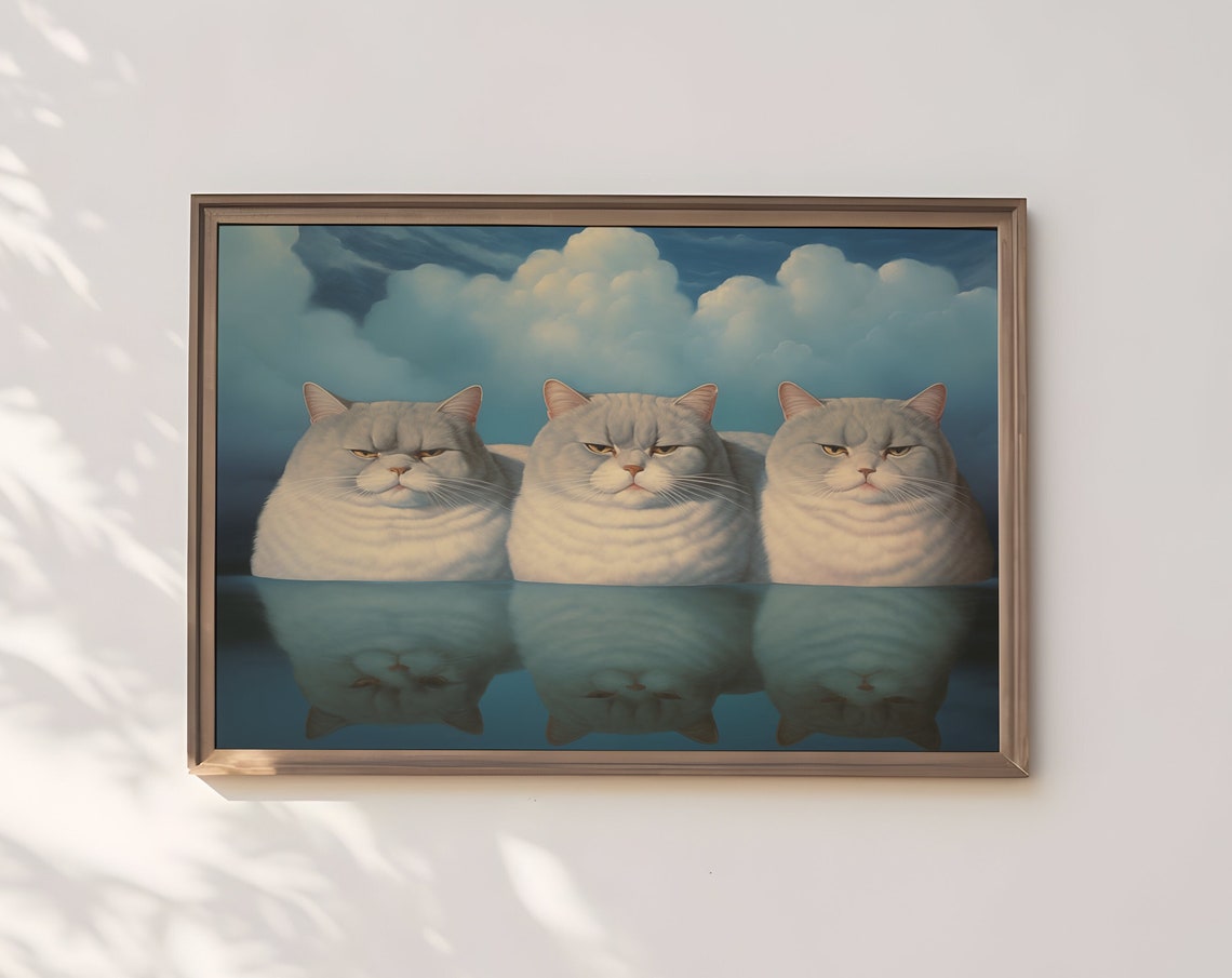 Whimsical Cat On Clouds Print Dreamy Feline Artwork Celestial Kitty Painting Wall Art For Home Decor
