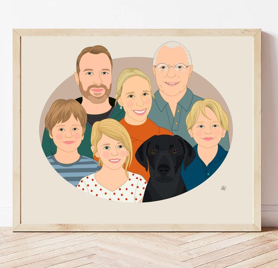 Cartoon Family of Five With Dog Custom Portrait Art Print Gift