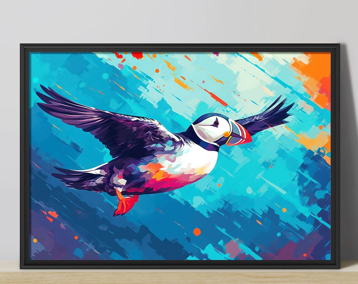 Atlantic Puffin In Flight Poster Turquoise Abstract Ocean Bird Art