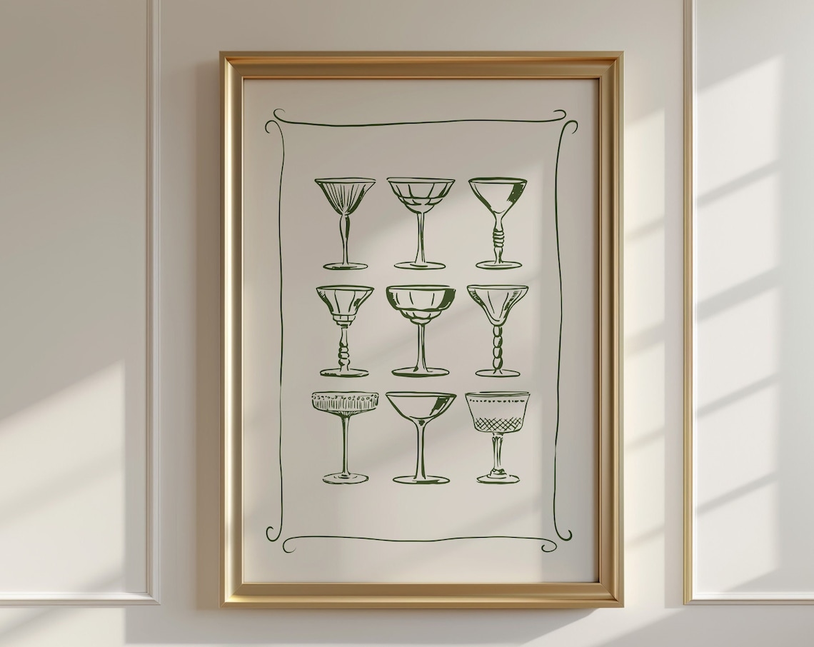 Cocktail Glasses Poster, Mid-Century Modern Art Print
