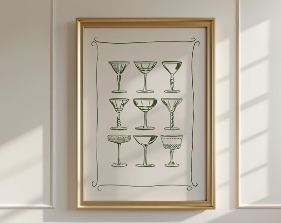 Cocktail Glasses Poster, Mid-Century Modern Art Print