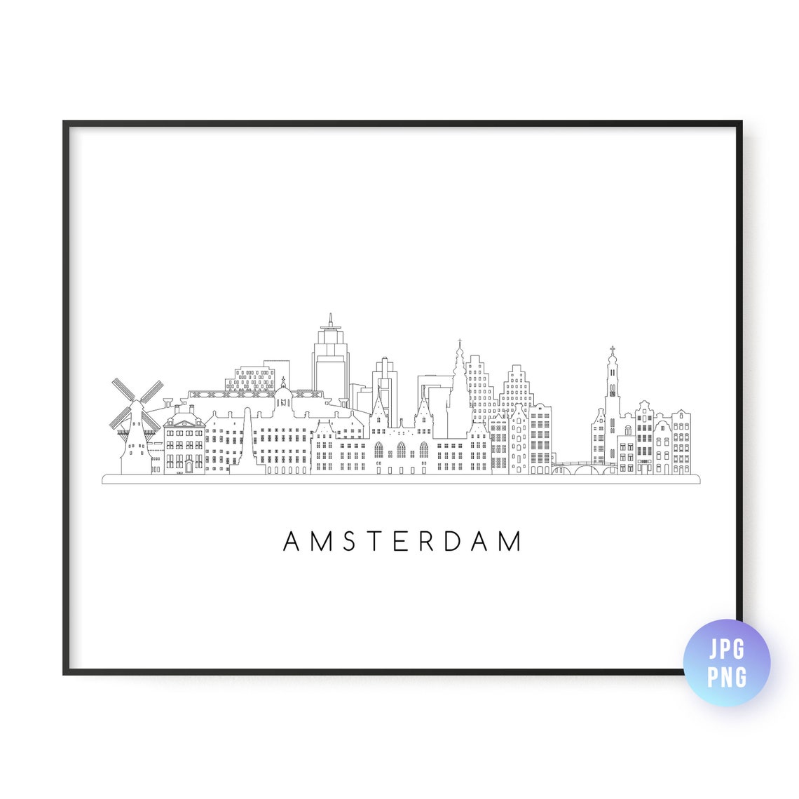 Amsterdam Black White Minimalist Skyline Line Drawing Poster