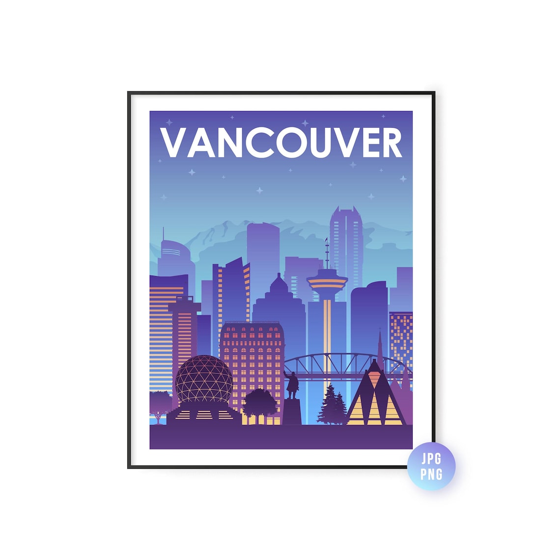 Vancouver Night Skyline Purple City Lights Canada Starry Art Print