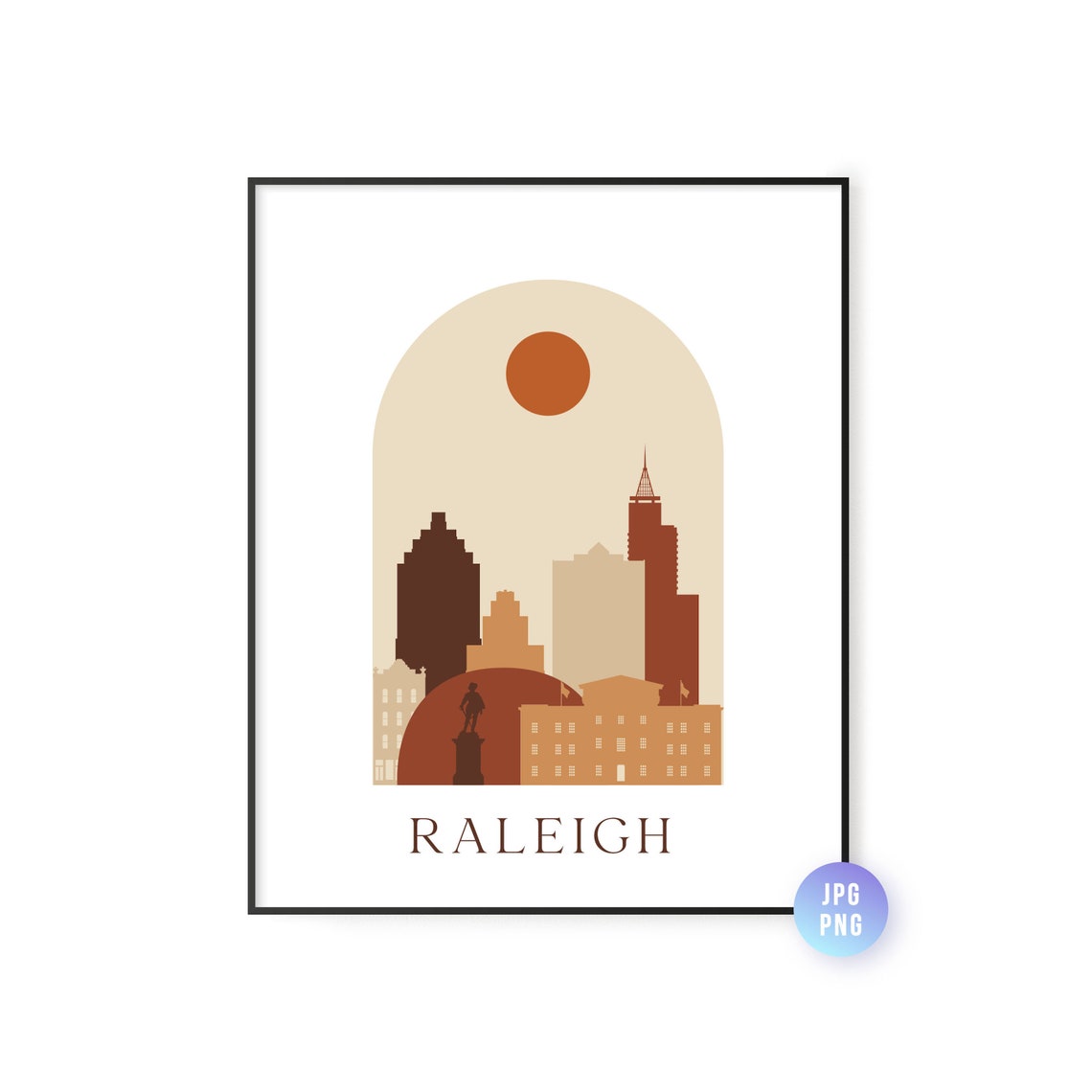 Raleigh North Carolina Boho Sun Skyline Arch Mid Century Modern Poster