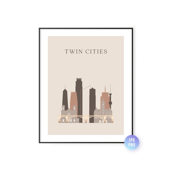 Twin Cities Skyline Print Boho Style Minnesota Art Travel Artwork Modern City Jpg Png