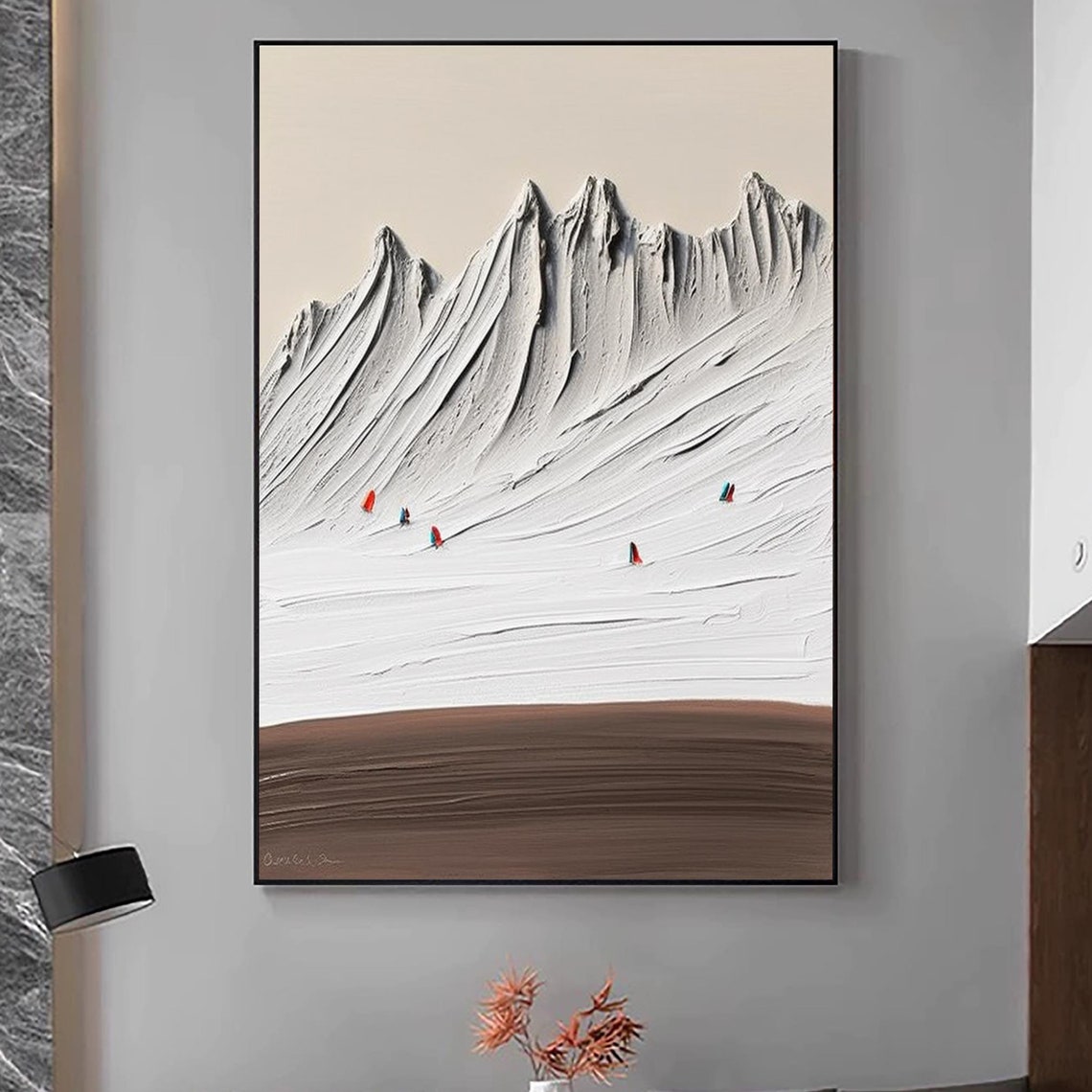 White Mountain Climbers Tiny Figures Brown Sky Abstract Impasto Poster