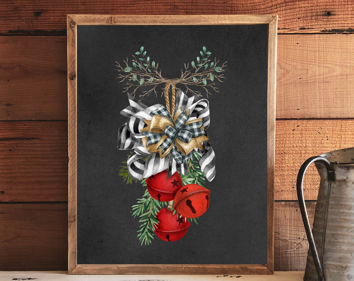 Jingle Bells Chalkboard Red Sleigh Bells Buffalo Check Bow Poster