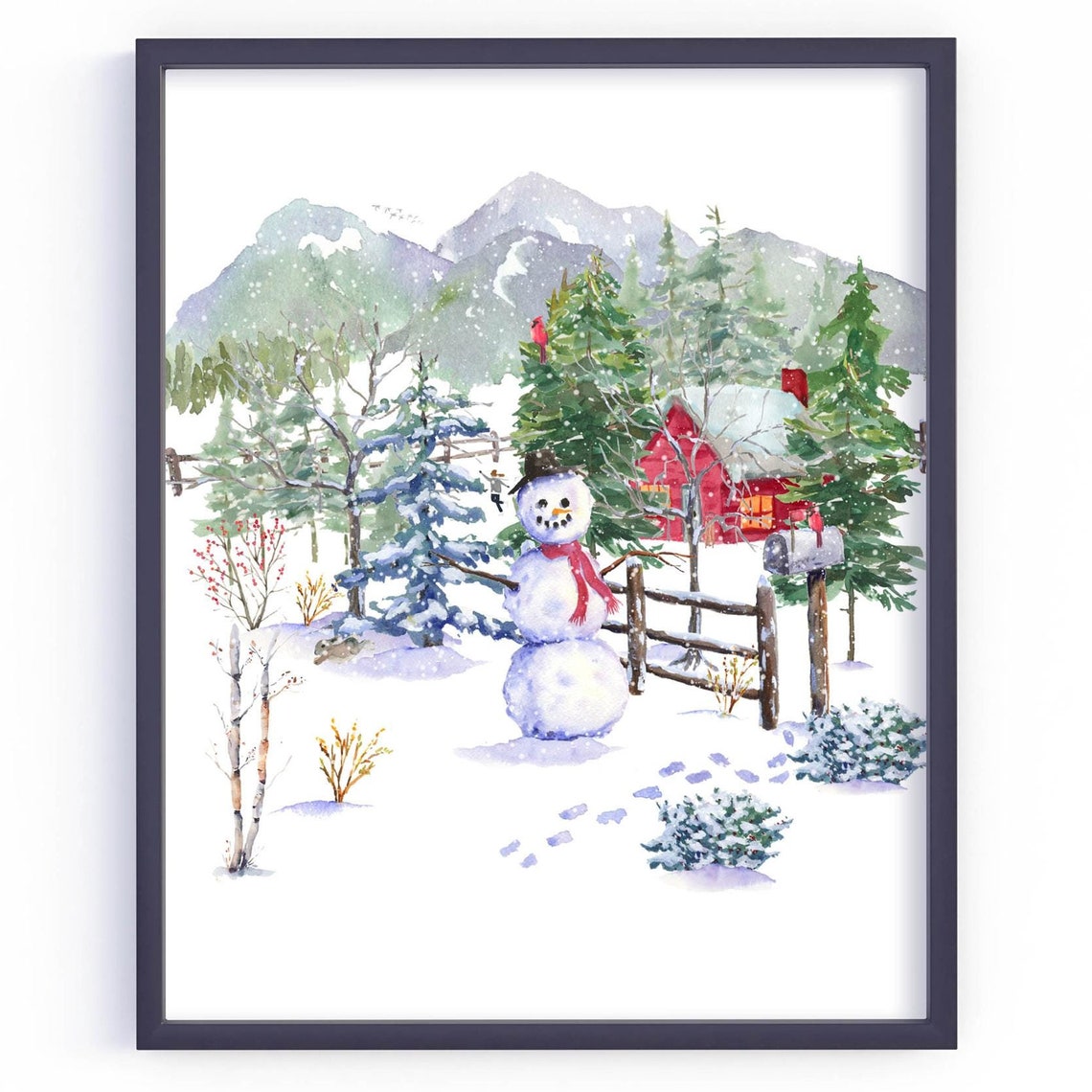 Winter Snowman Wall Art Woodland Snowman Sign 5x7 8x10 85x11 11x14 16x20 Seasonal Watercolor Country Decor Diy Home Decor