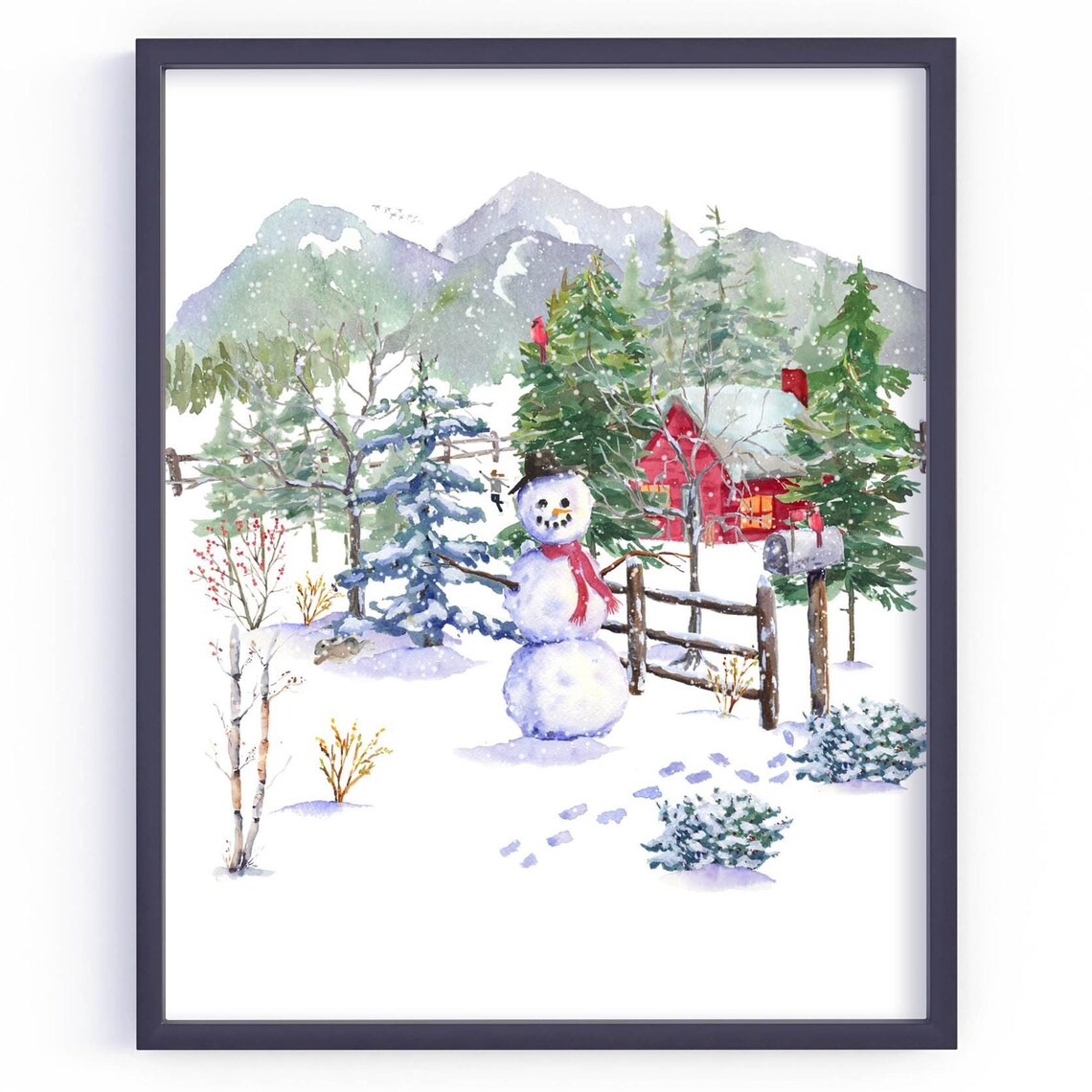 Winter Woodland Snowman Mountain Cabin Cardinal Watercolor Poster