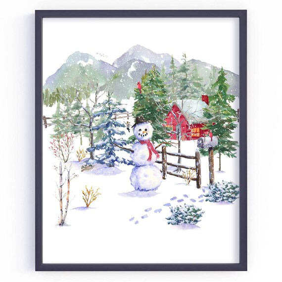 Winter Woodland Snowman Mountain Cabin Cardinal Watercolor Poster