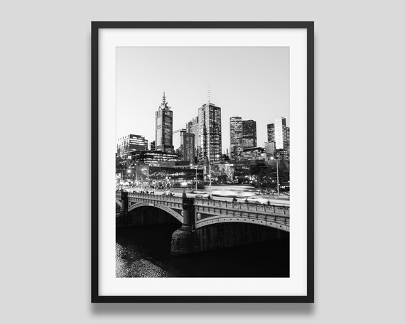 Melbourne Princes Bridge River City Skyline Black And White Photography Poster