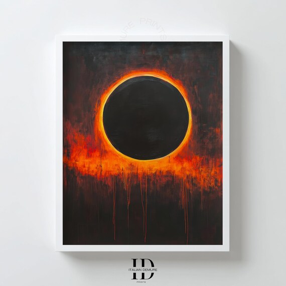 Solar Eclipse Abstract Wall Art Fiery Black Sun Painting Bold Celestial Poster For Modern Home Decor