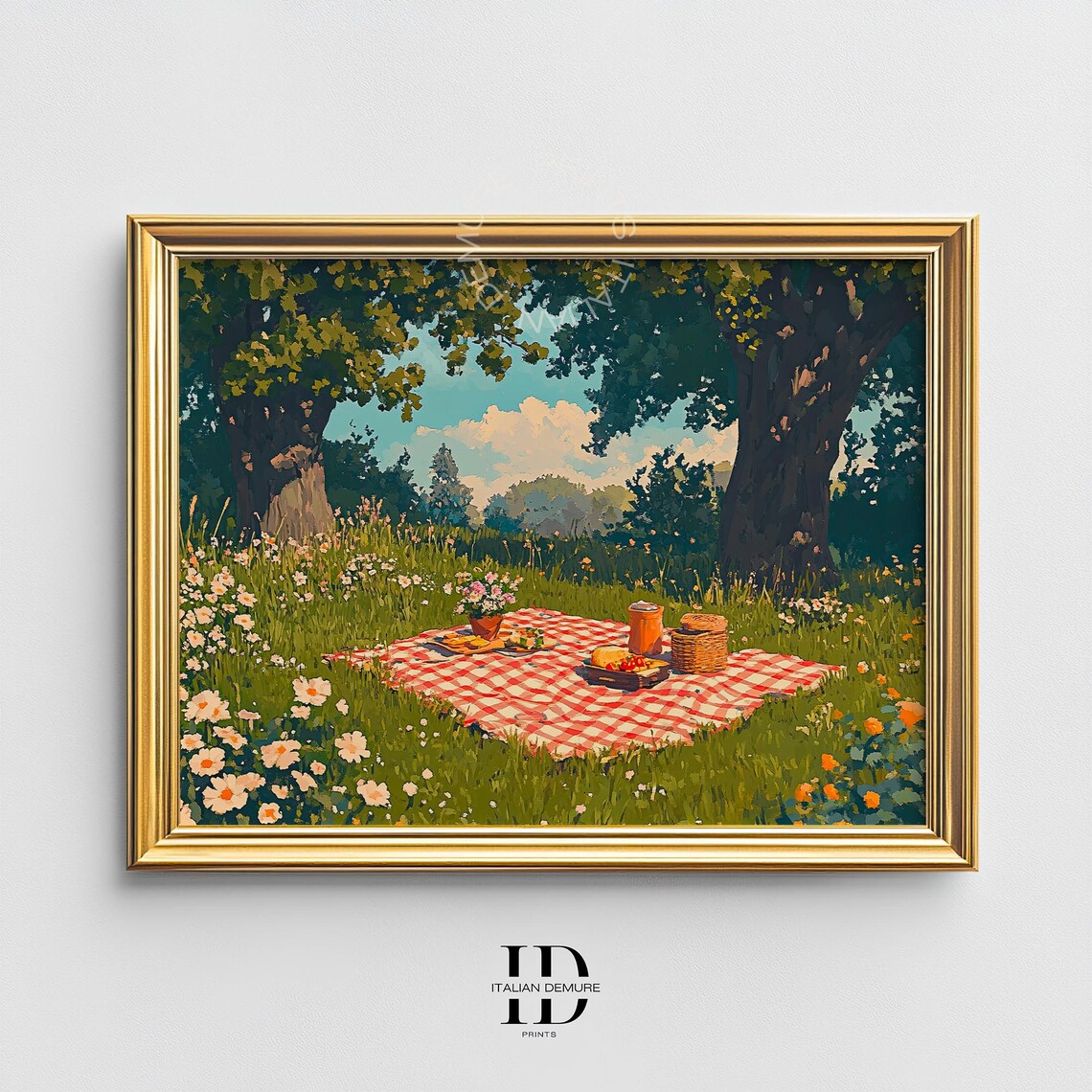 Sunny Summer Picnic Meadow Blanket Vintage Style Painting Poster