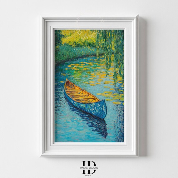 Blue Lake Canoe Under Willow Trees Impressionist Painting Poster
