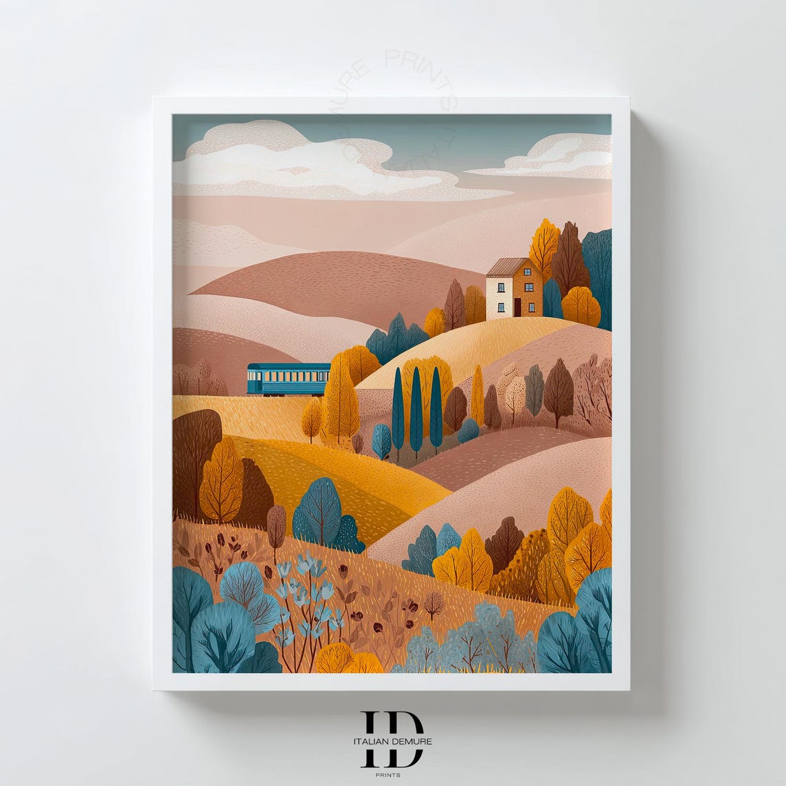 Tuscan Countryside Rolling Hills Train Farmhouse Illustration Poster