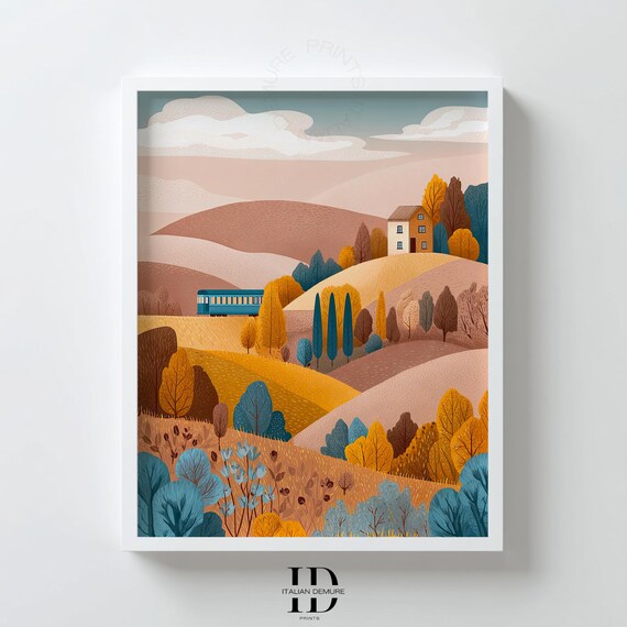Tuscan Landscape Wall Art Modern Countryside Illustration Rolling Hills Poster Autumn Farmhouse Decor Living Room
