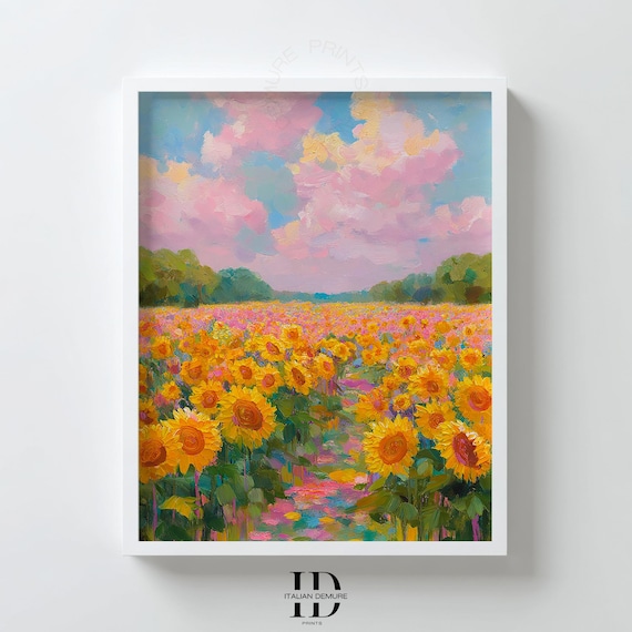 Sunflower Field Pastel Sky Impressionist Oil Painting Art Poster
