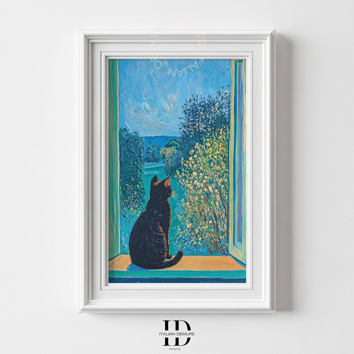 Black Cat on a Sunny Windowsill Overlooking a Green Garden Poster