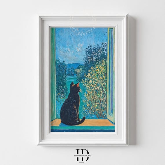 Black Cat on a Sunny Windowsill Overlooking a Green Garden Poster