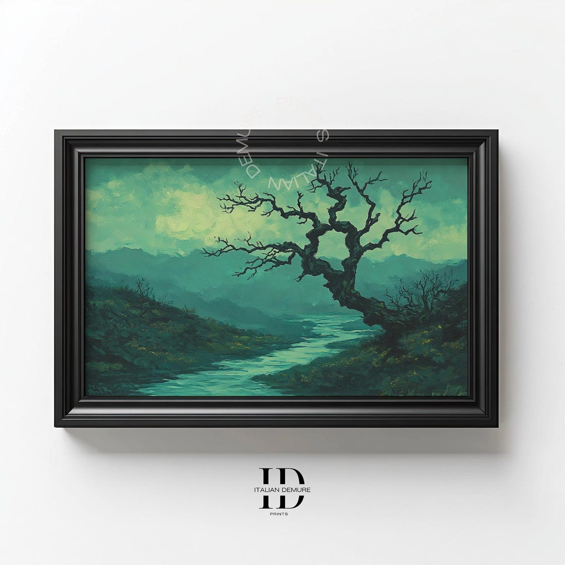 Gnarled Tree Over Emerald River Moody Green Valley Art Poster