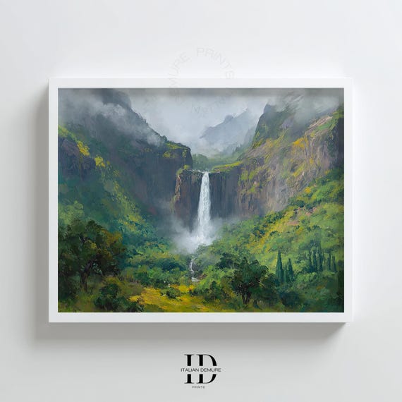 Majestic Waterfall Landscape Wall Art Misty Green Mountain Painting Serene Nature Print For Living Room Decor