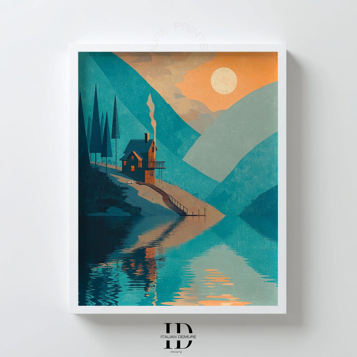 Moonlit Lake Cabin Mountain Reflection Teal Night Art Poster