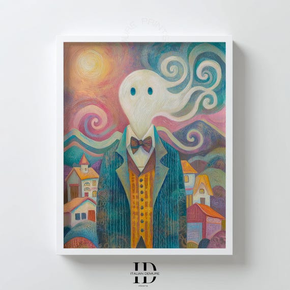 Whimsical Gentleman Wall Art Pastel Surreal Village Print Vintage Bow Tie Portrait Nordic Nursery Decor Poster