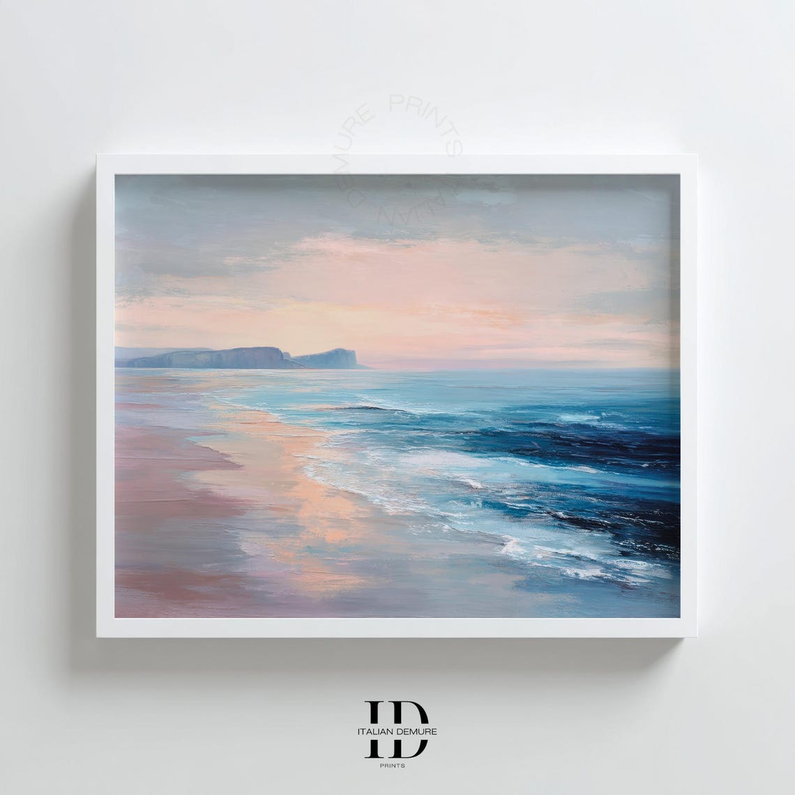 Pastel Beach Seascape Pink Blue Waves And Distant Cliffs Poster