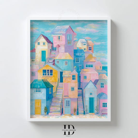 Pastel Coastal Village Wall Art Mediterranean Seaside Houses Print Colorful Abstract Town Home Decor Poster