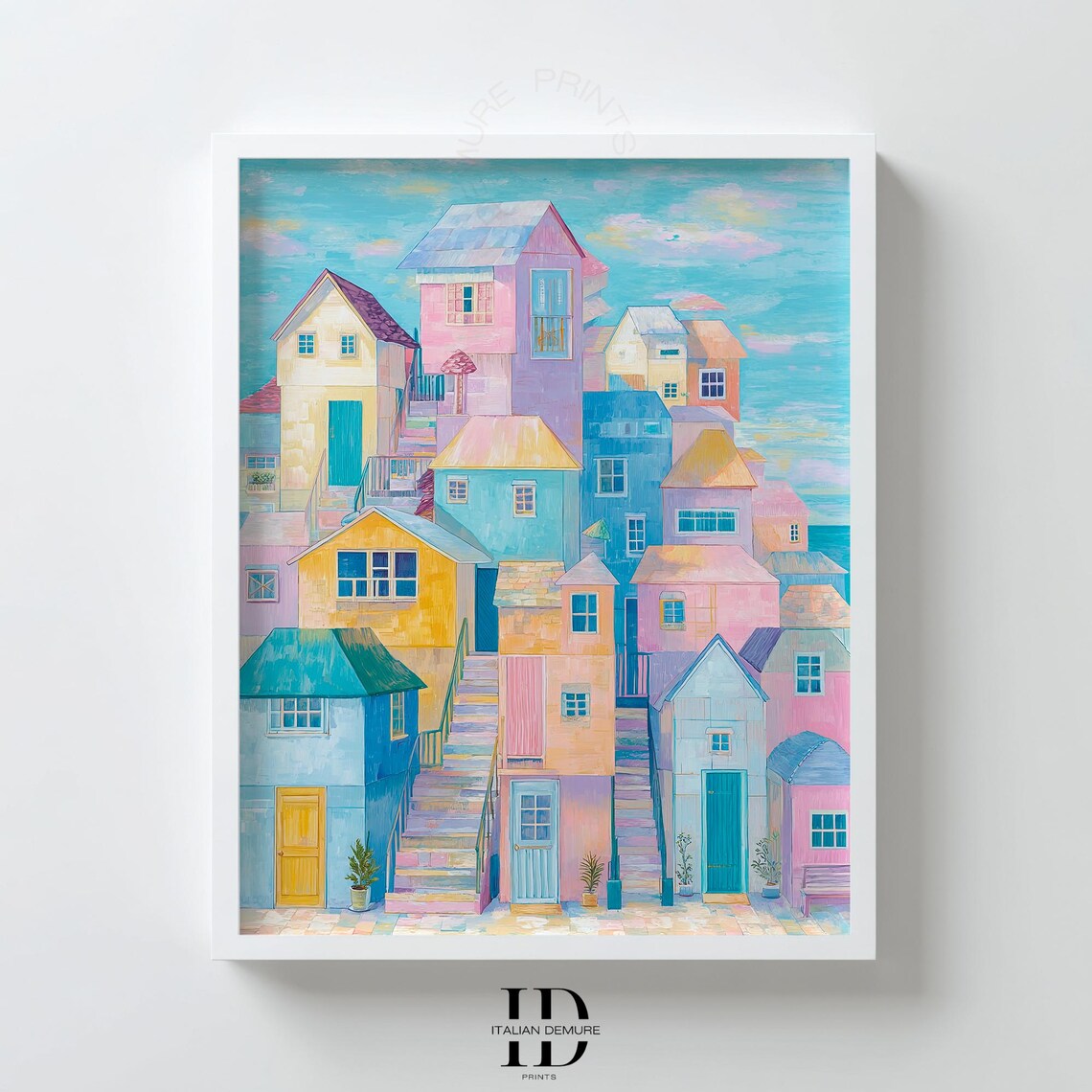 Pastel Coastal Village Stacked Colorful Houses Sunny Art Poster