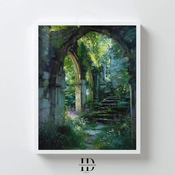 Ancient Ruins Wall Art Overgrown Stone Archway Print Enchanted Garden Stairs Mystical Green Forest Poster Decor