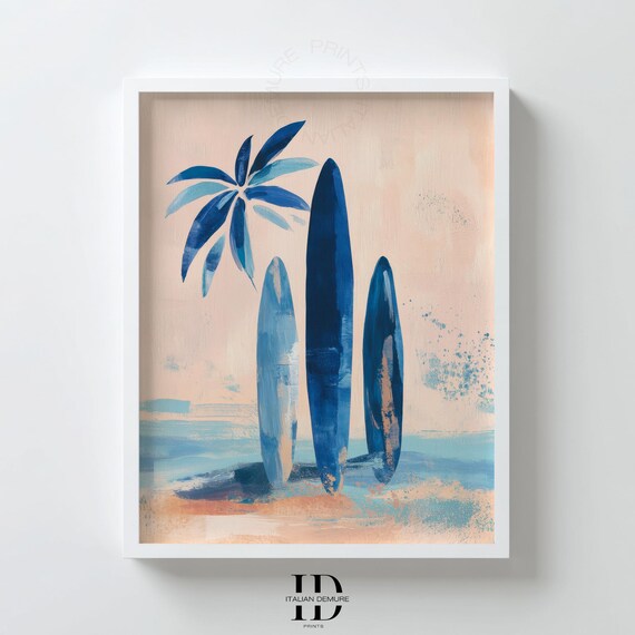 Abstract Blue Surfboards Palm Tree Beach Minimalist Coastal Wall Art