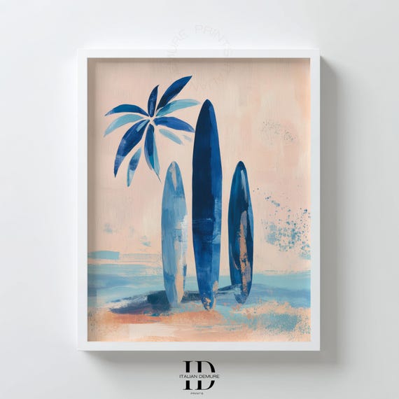 Surfboard Beach Wall Art Print Tropical Coastal Decor Abstract Blue Surfboards And Palm Tree Painting Boho Summer