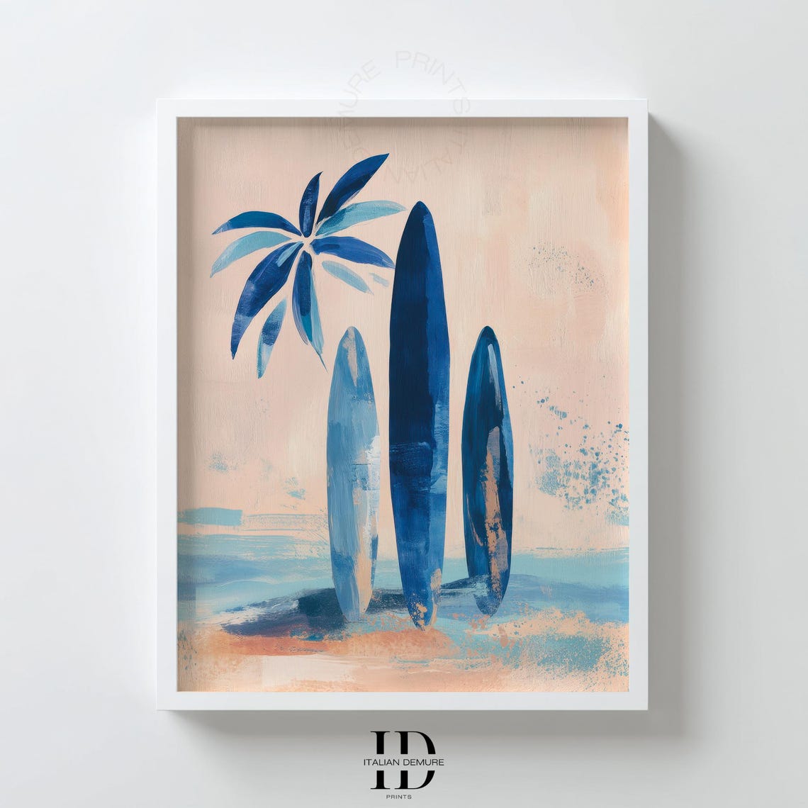 Abstract Blue Surfboards Palm Tree Beach Minimalist Coastal Wall Art