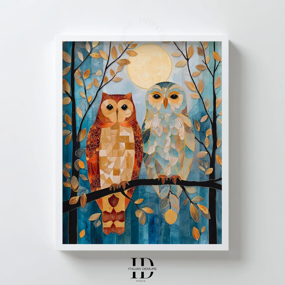 Two Owls Mosaic Style Art Teal Copper Moonlit Night Whimsical Poster