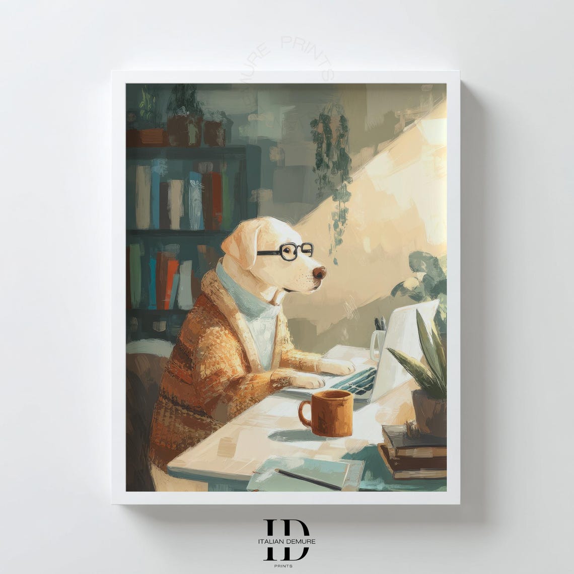 Labrador Dog Working Laptop Cozy Office Funny Pet Portrait Poster