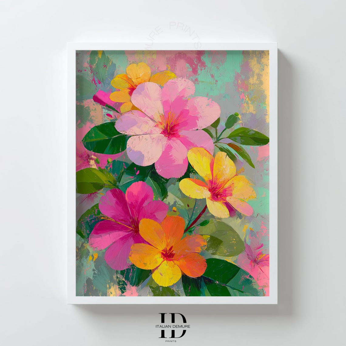 Bright Tropical Hibiscus Blooms Pink Yellow Floral Painting Wall Art