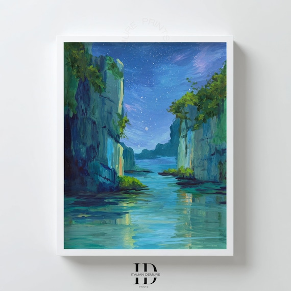 Moonlight Coastal Landscape Print Tranquil Ocean Cliff Wall Art Starry Night Sea View Serene Nature Painting Poster