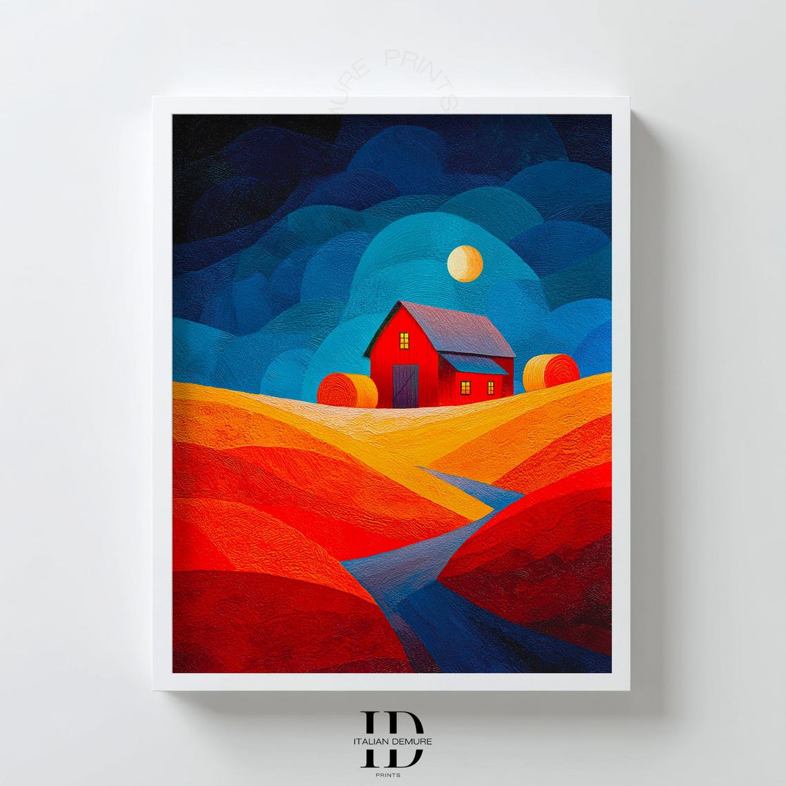 Red Barn Moonlit Harvest Field Abstract Countryside Art Print