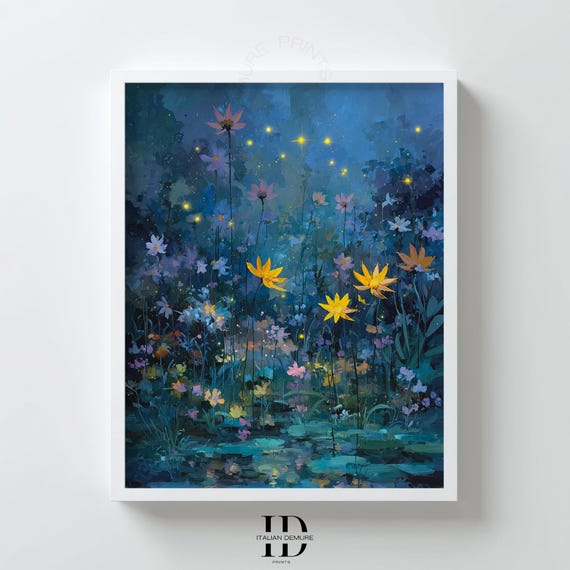 Enchanted Floral Wall Art Firefly Meadow At Night Blue Botanical Fantasy Print Dreamy For Nursery Or Bedroom