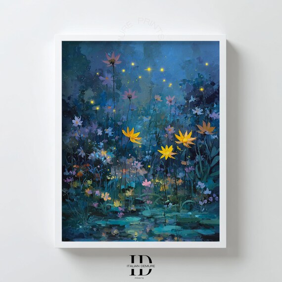 Firefly Meadow at Night Blue Botanical Glowing Flower Field Art Poster