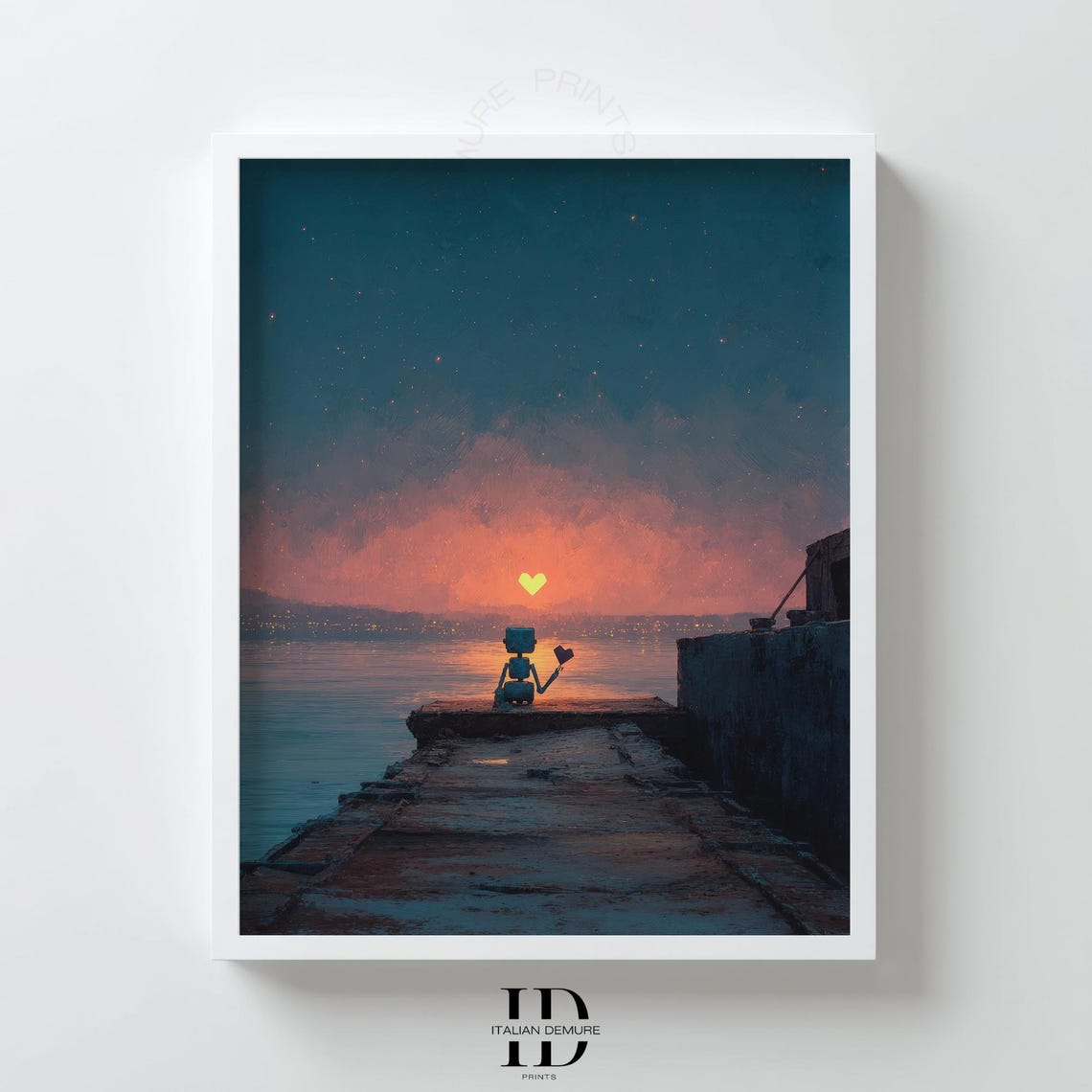 Lonely Robot Sunset Pier Glowing Heart Whimsical Sci Fi Art Poster