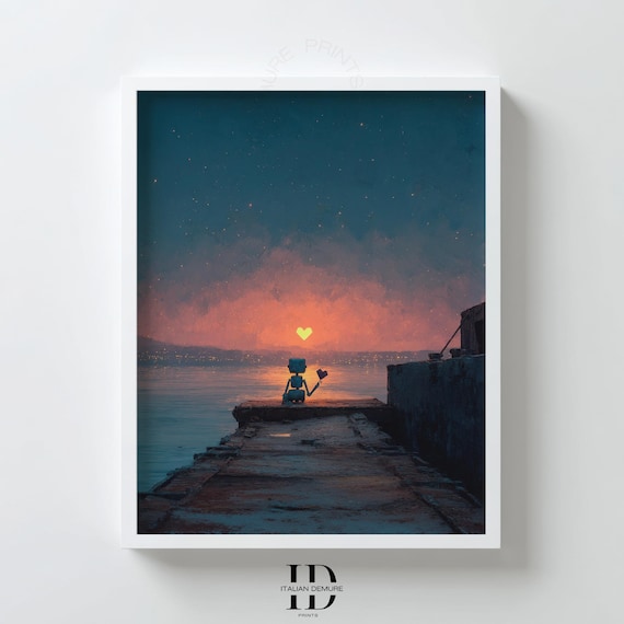 Robot Sunset Art Print Cute Scifi Wall Whimsical Love Illustration Starry Night Poster For Kids Room