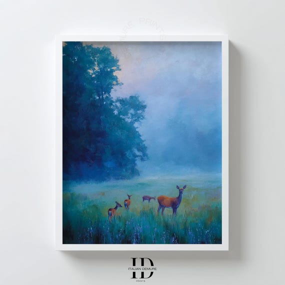 Deer In Misty Forest Blue Morning Meadow Landscape Wildlife Art Tranquil Nature Scene Wall Decor