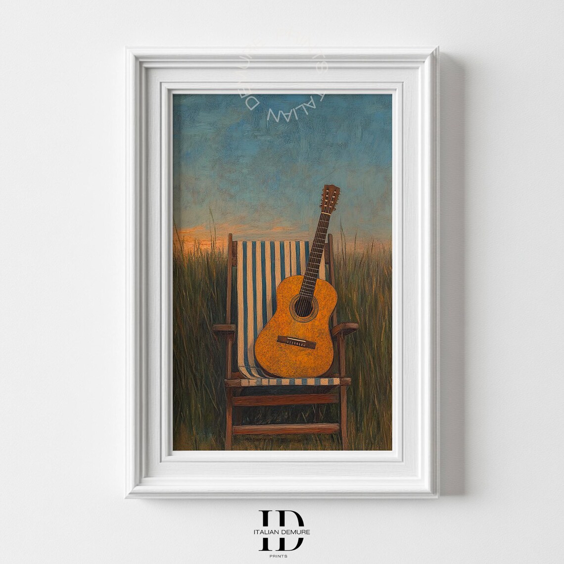 Acoustic Guitar Beach Chair Sunset Field Oil Painting Poster