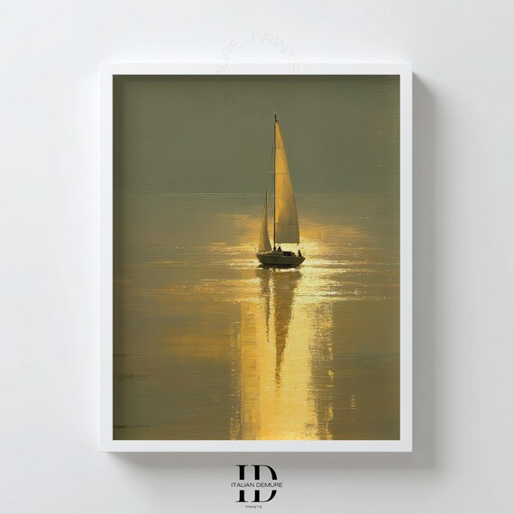 Golden Sailboat Wall Art Minimalist Nautical Print Sunset Ocean Painting Calm Sea Decor For Coastal Living Room